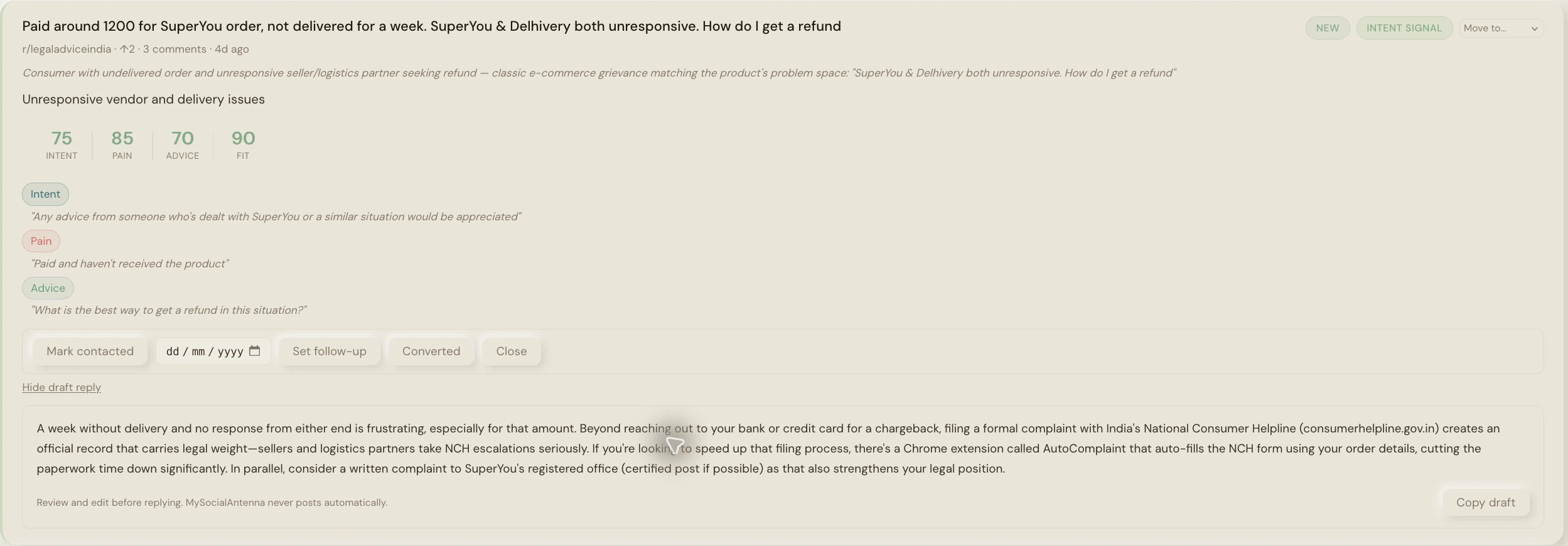 Actual AutoComplaint Reddit result showing an undelivered-order refund request, product-fit reasoning, buying signals and an expanded generated draft reply.